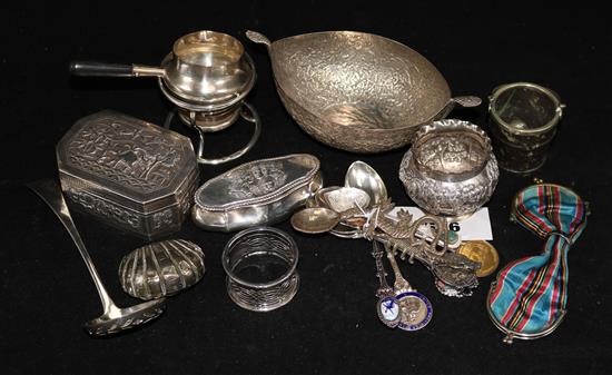 Assorted silver and plated ware including a silver trinket box with Reynolds Angels decorated lid.